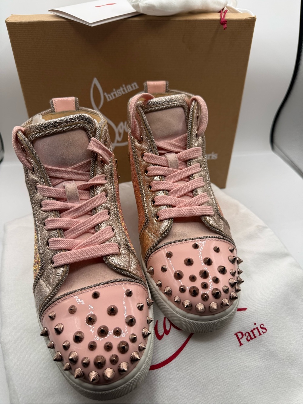 Christian Louboutin Pink & Metallic lou Degra spikes Full inclusion 🔥 W/ COA